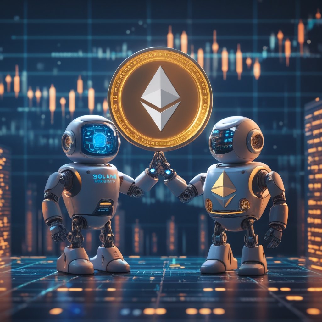 Ethereum Layer-2: A friendly robot named Eclipse holding hands with cartoon versions of Solana and Ethereum