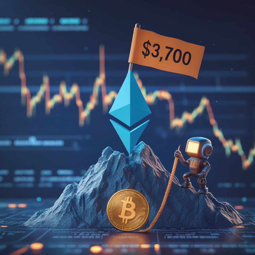 Ethereum price analysis: A cartoon mountain with a flag at the top labeled $3,700, and a little explorer robot climbing up with a rope tied to a glowing coin