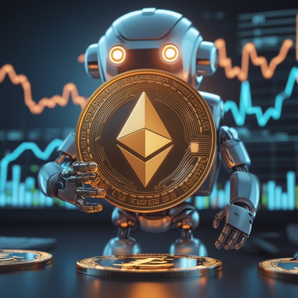 Ethereum price analysis: A cartoon of a friendly robot holding a glowing coin labeled Ethereum, with a chart in the background showing rising and falling lines