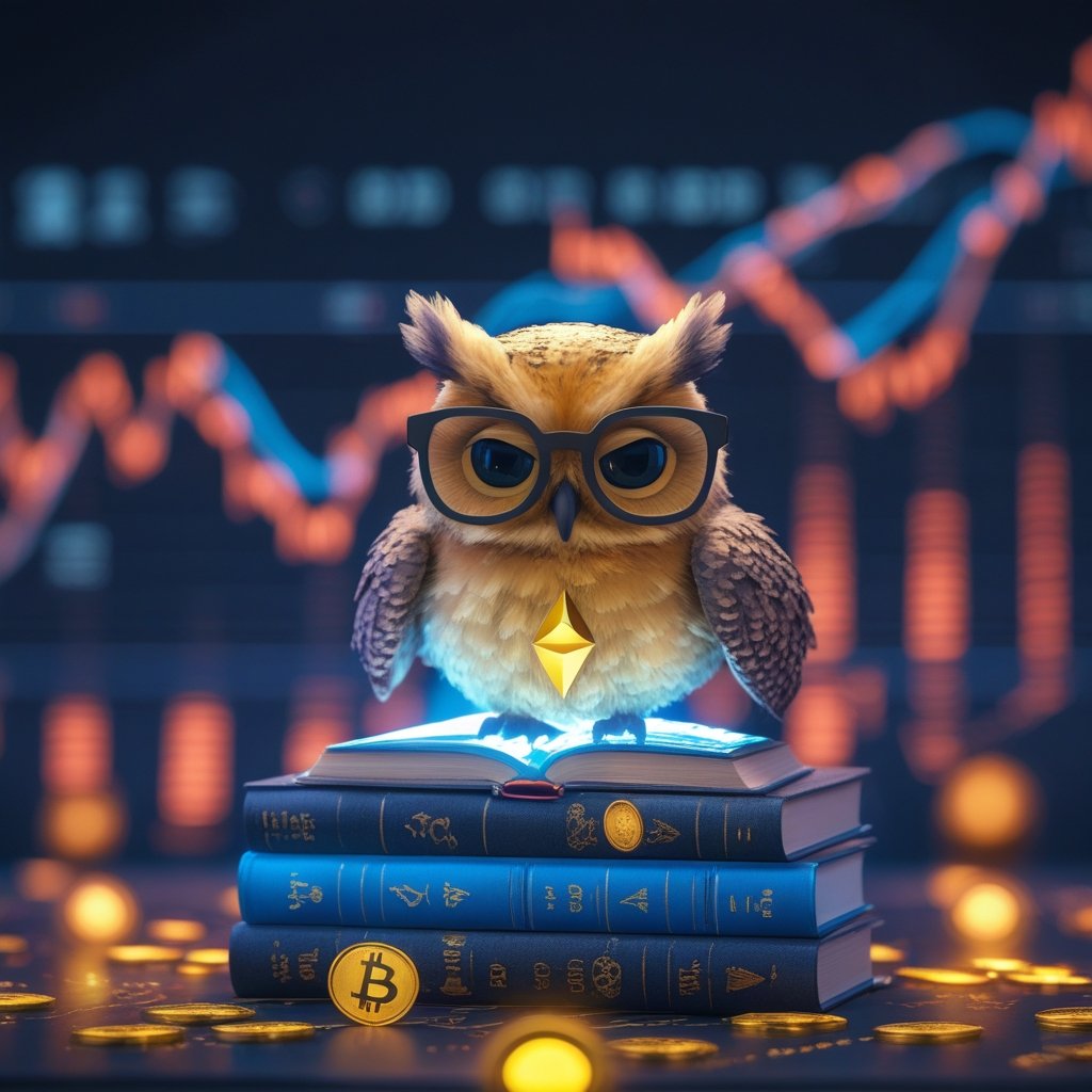 Ethereum price analysis: A friendly cartoon owl wearing glasses, sitting on a stack of books shaped like charts and coins, winking at the reader