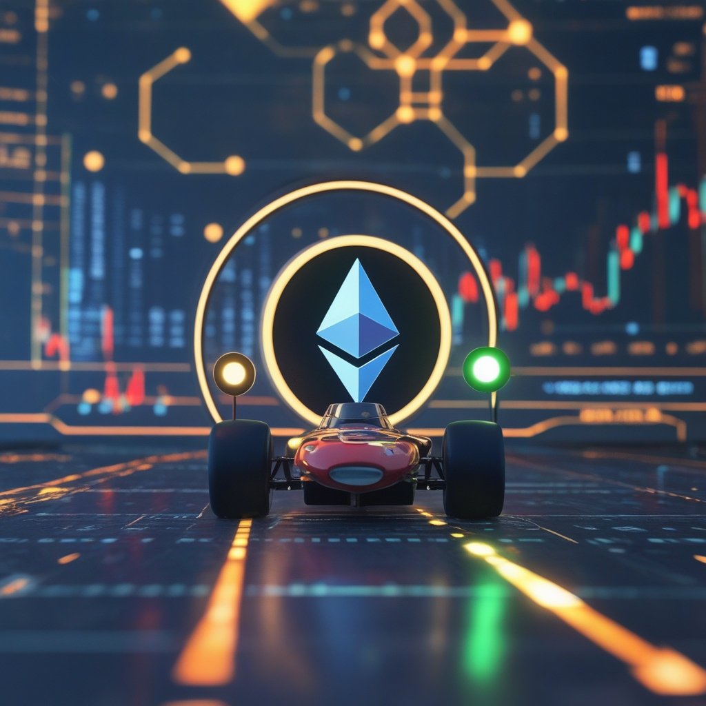 Ethereum price analysis: A friendly cartoon race car at a starting line, with a green light, representing Ethereum waiting for a breakout