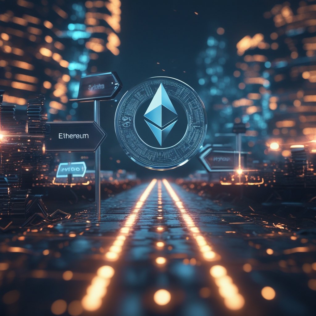 Ethereum price prediction 2026: A cartoon road with signs pointing to different blockchains like Solana, Avalanche, and Aptos, with Ethereum in the middle
