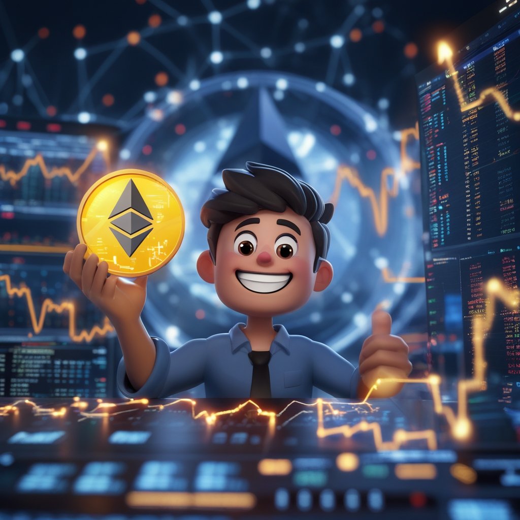 Ethereum price prediction 2026: A friendly cartoon character holding a glowing digital coin that looks like a golden disc, with a big smile on their face