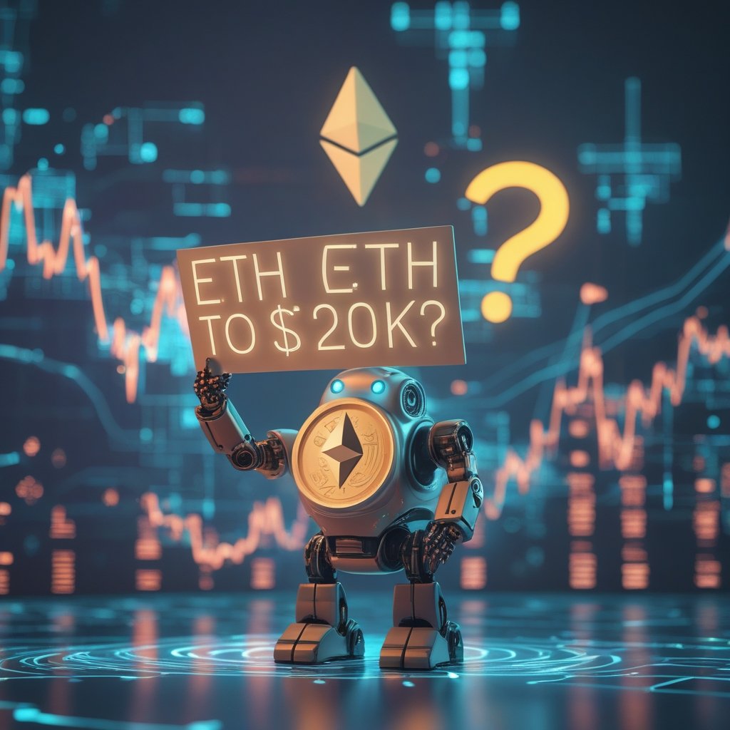 Ethereum price prediction 2026: A friendly robot holding a sign that says 'ETH to $20K?' with a big question mark above its head