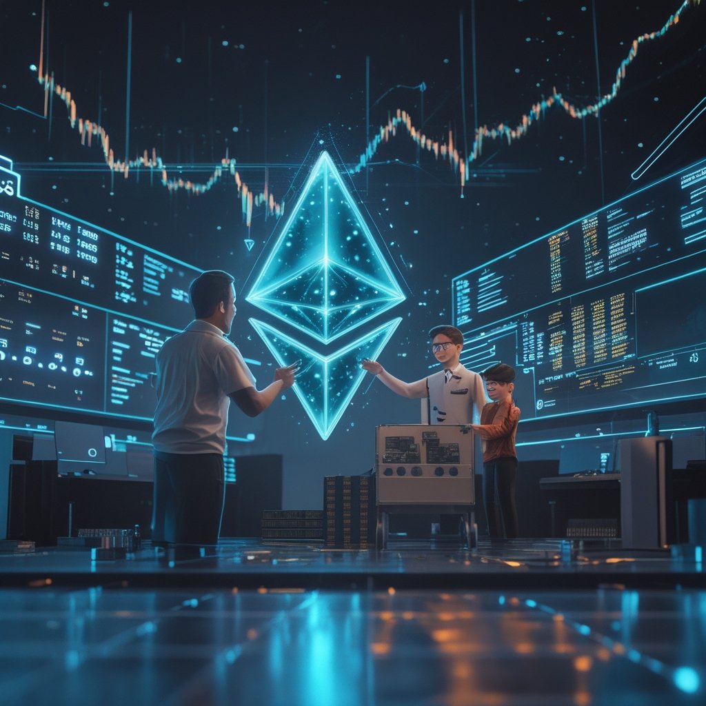 Ethereum staking fees: A friendly giant toy store owner (BlackRock) helping people choose video game money toys