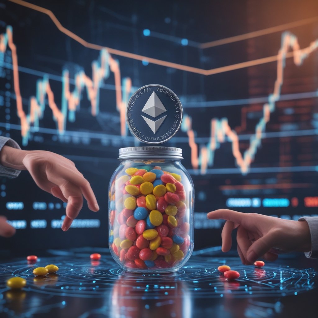 Ethereum supply shock: A cartoon jar with a few candies left and many hands reaching for them, representing scarcity