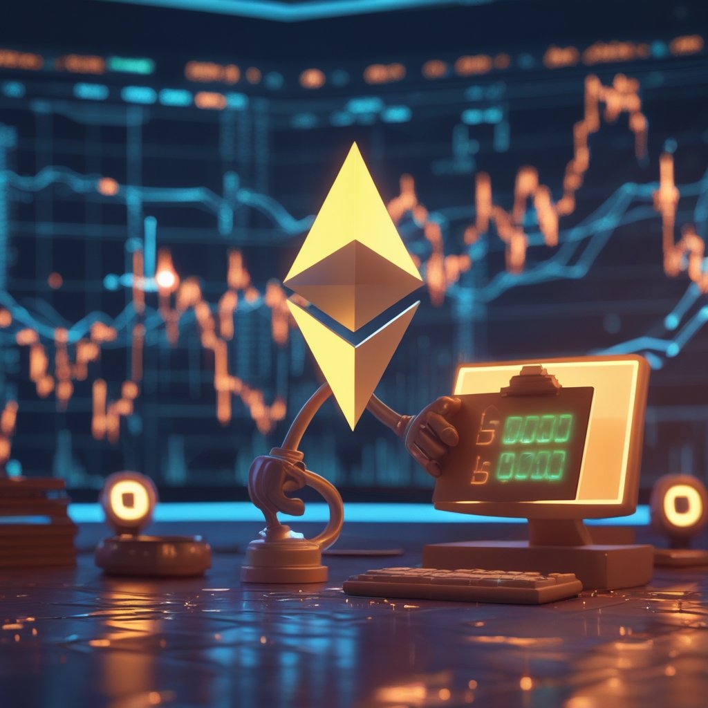 Ethereum transaction fees: A friendly cartoon computer with a price tag showing gas prices going up and down