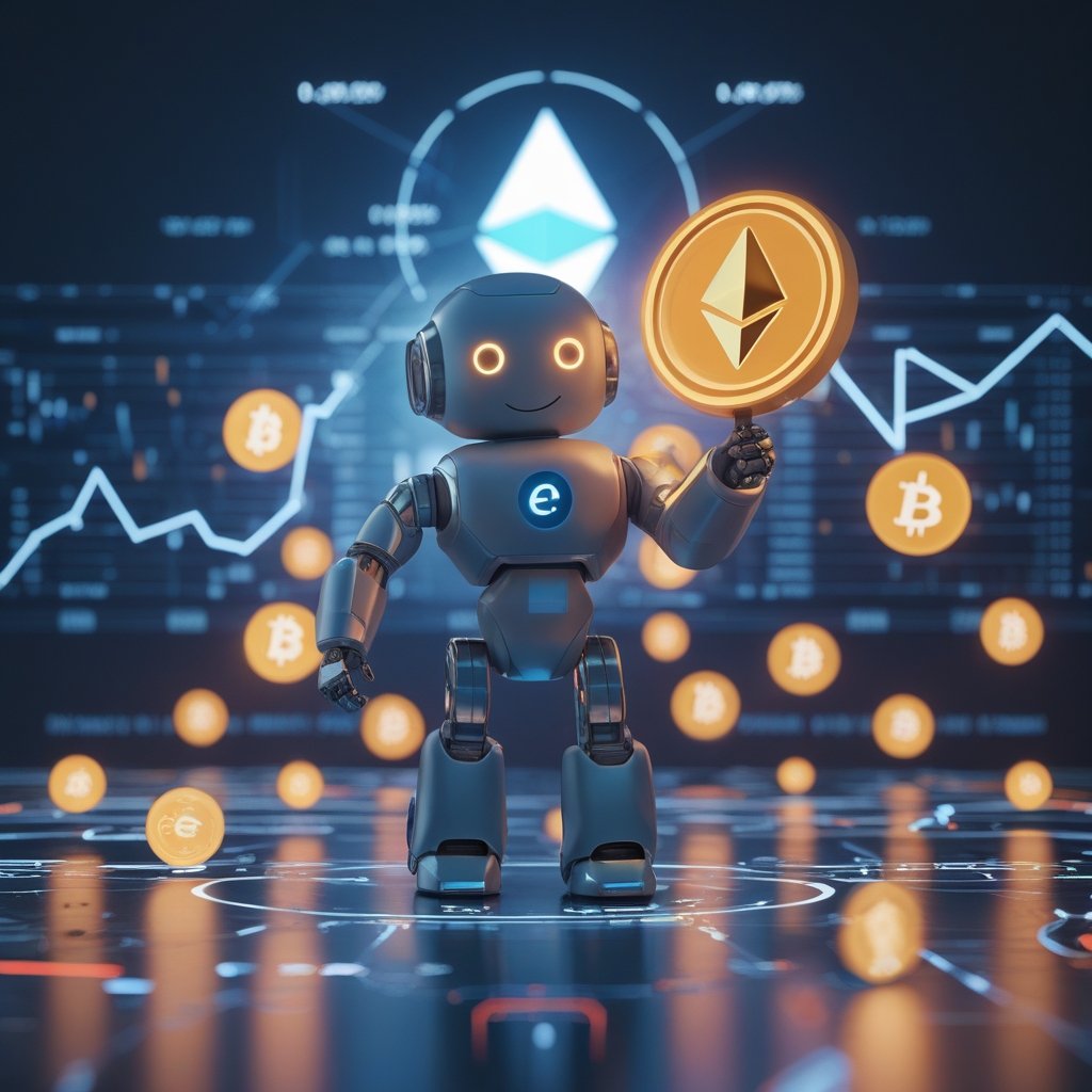 Ethereum transaction fees: A friendly robot holding a sign with stable prices and happy faces around it