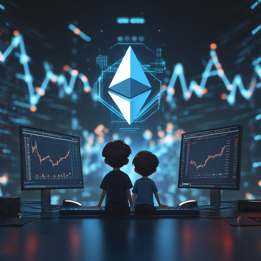 Ethereum whales: A friendly cartoon of kids looking at a computer screen with charts, smiling