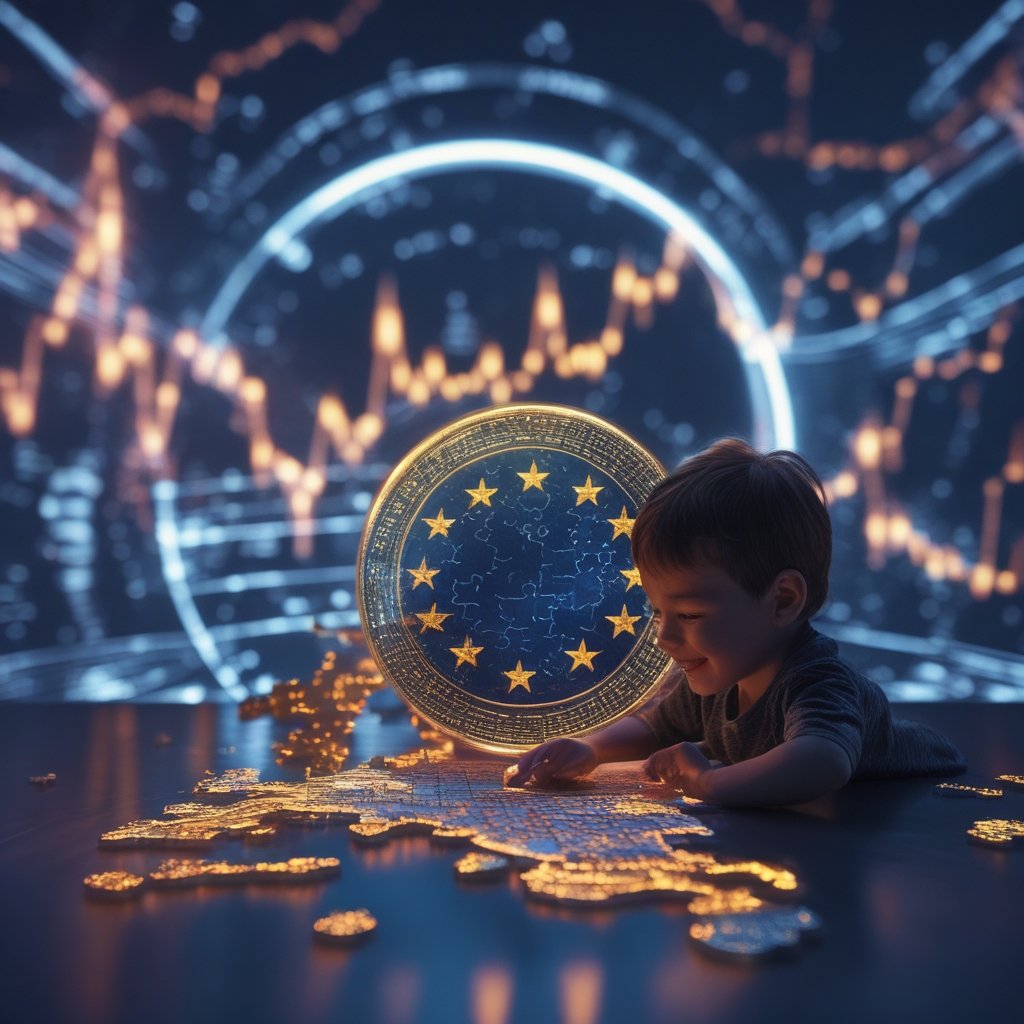 European SEC proposal: A child sitting at a table with a big puzzle of Europe, looking happy as they place a piece. Simple and cheerful.
