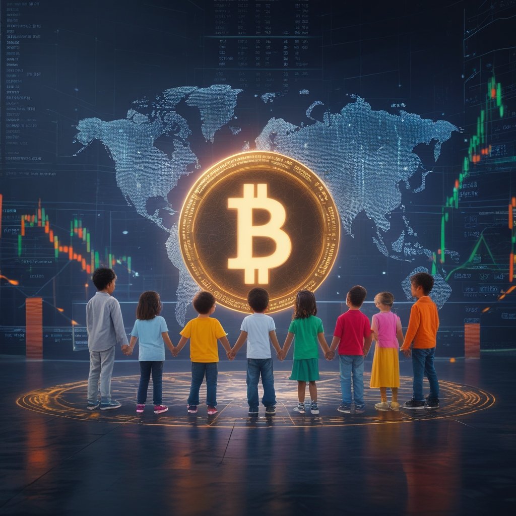 European SEC proposal: A diverse group of children smiling and holding hands around a globe, with simple, bright colors and a happy, friendly style.