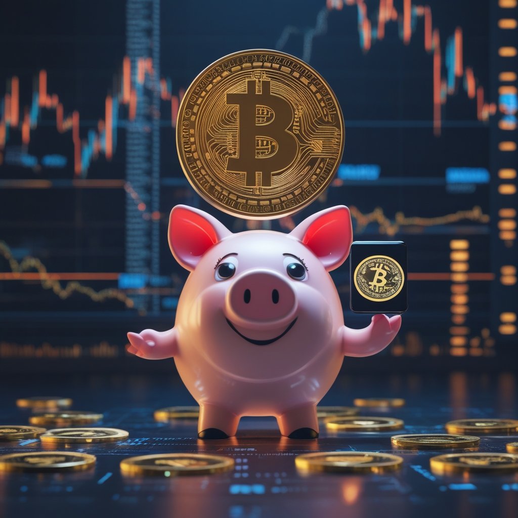 Exodus Pay: A friendly cartoon piggy bank with a smartphone showing digital coins