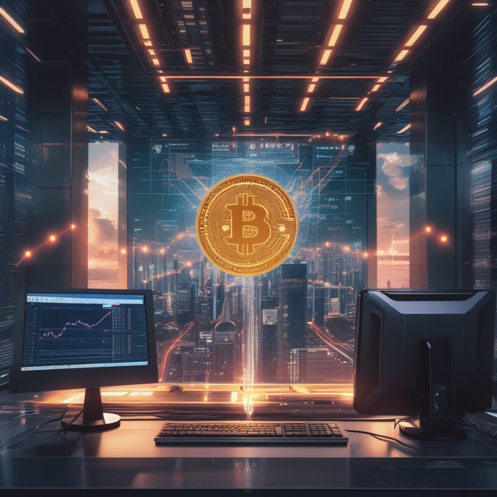 Fed liquidity injection: A cartoon showing a sunny sky over a city with banks and a computer with Bitcoin symbols