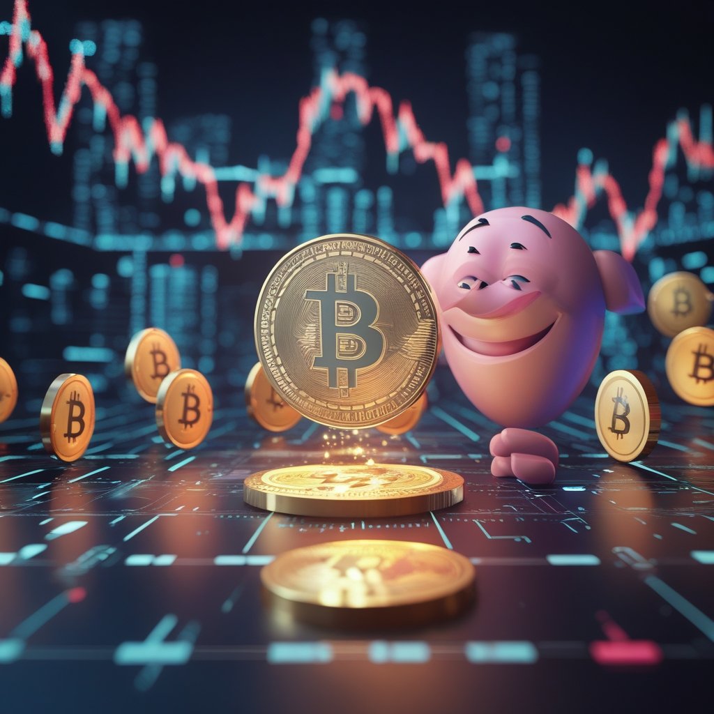 Fed rate cut 2025: A colorful cartoon of Bitcoin and other crypto coins jumping up and down with happy faces, while a friendly Fed character watches with a smile
