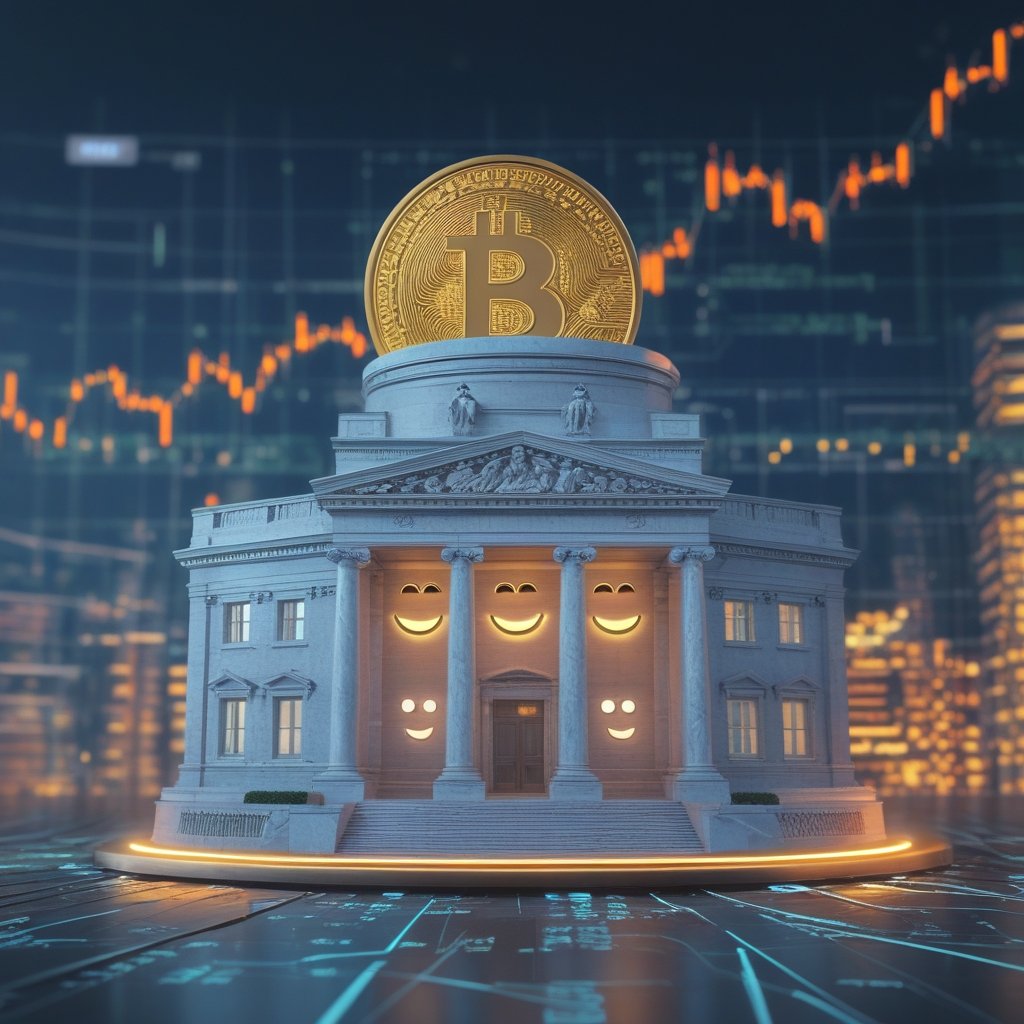 Fed rate cut 2025: A friendly cartoon of the Federal Reserve building with smiling faces and a big pair of scissors cutting a dollar bill in half, with simple labels like 'Lower Rates' and 'Happy People'