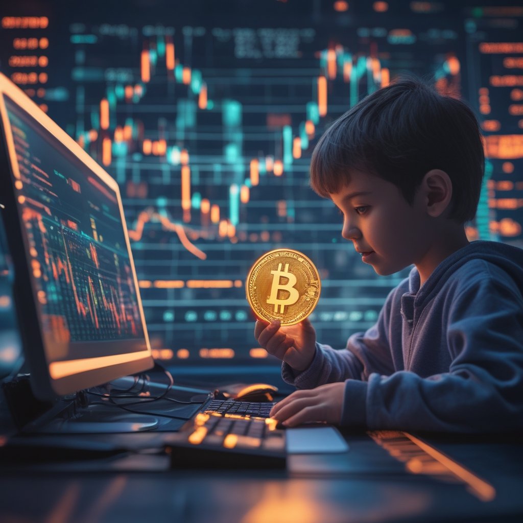 Filecoin price: A child looking at a computer screen with digital coins, showing curiosity