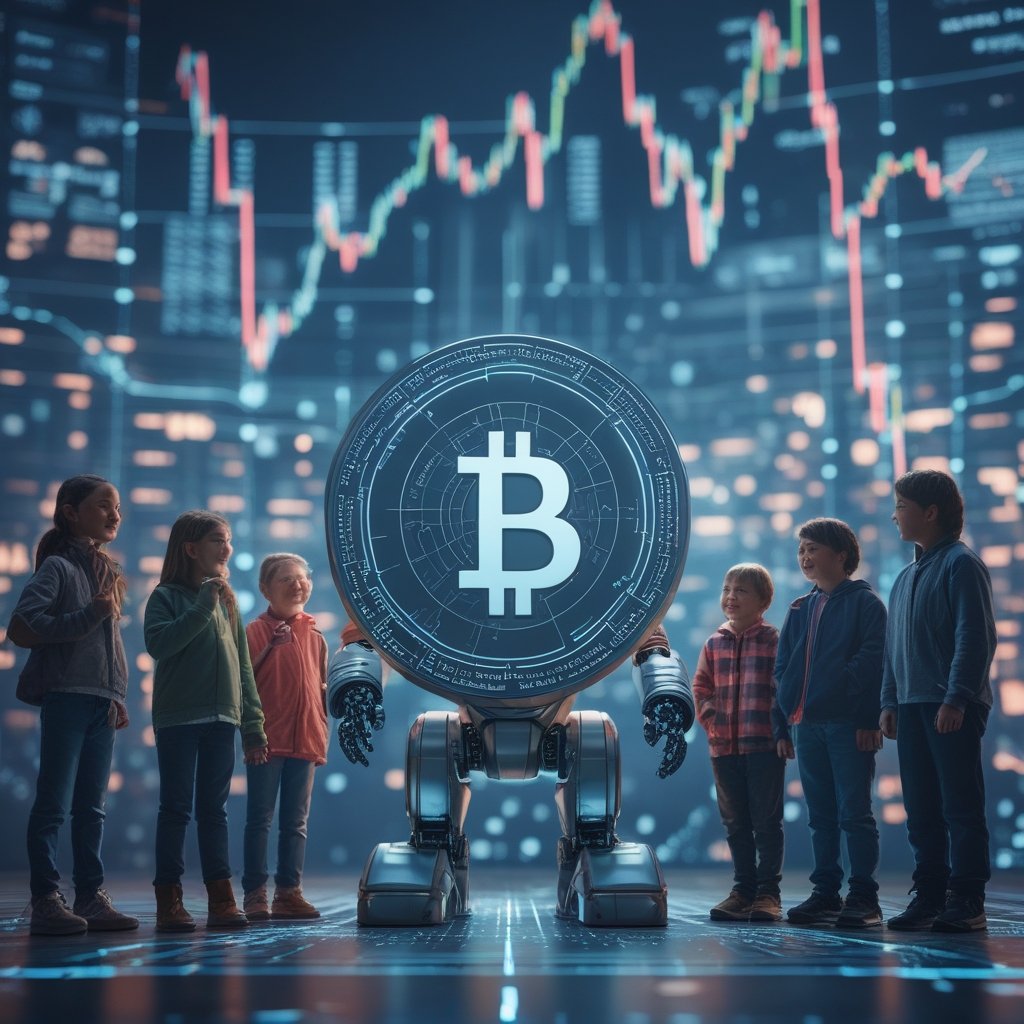 Filecoin price surge: A friendly robot explaining blockchain to a group of happy kids