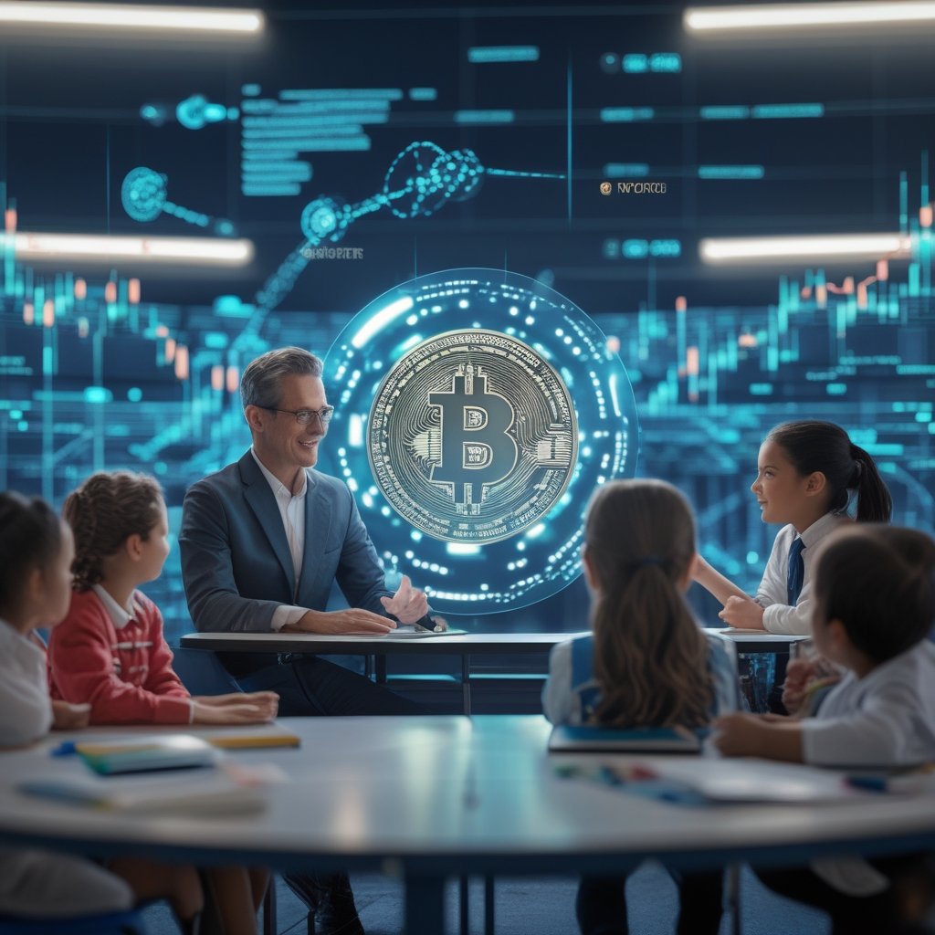 Gary Gensler crypto: A friendly teacher explaining crypto to children in a classroom
