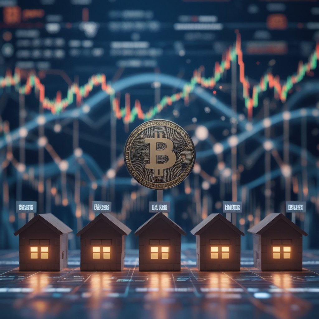 Georgia blockchain property: Cartoon houses with digital tags showing names
