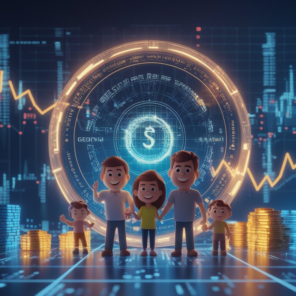 Georgia blockchain property: Happy cartoon family with a digital house certificate