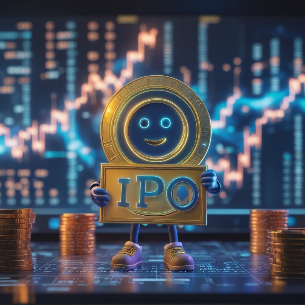 HashKey IPO: a cartoon of a happy crypto exchange mascot holding a sign that says IPO