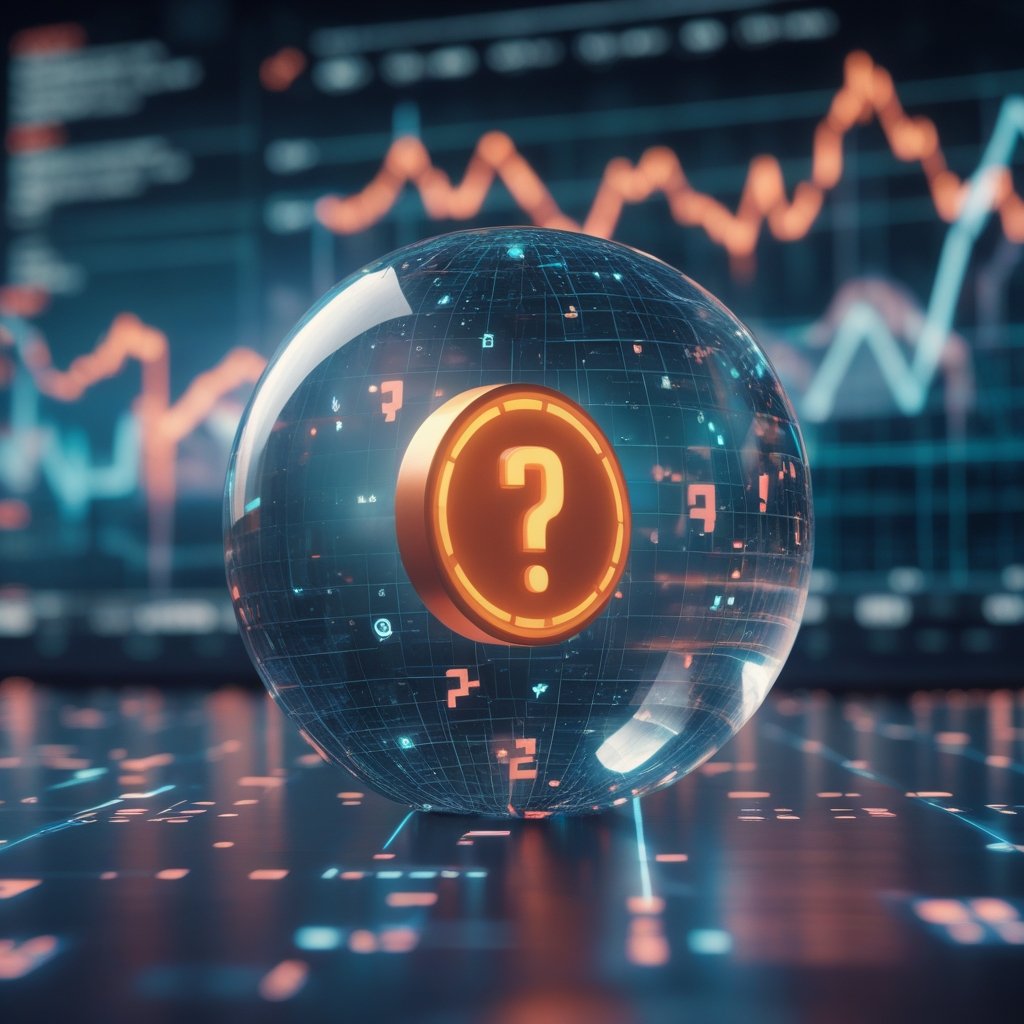 IREN stock: A cartoon crystal ball with question marks inside, representing uncertainty about the future