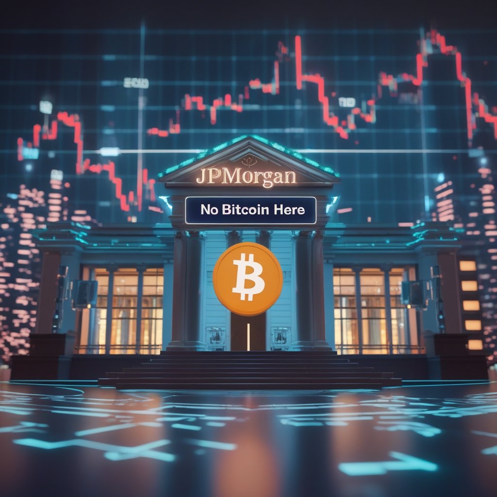 JPMorgan CEO Bitcoin: A big cartoon bank building with a sign that says 'No Bitcoin Here'