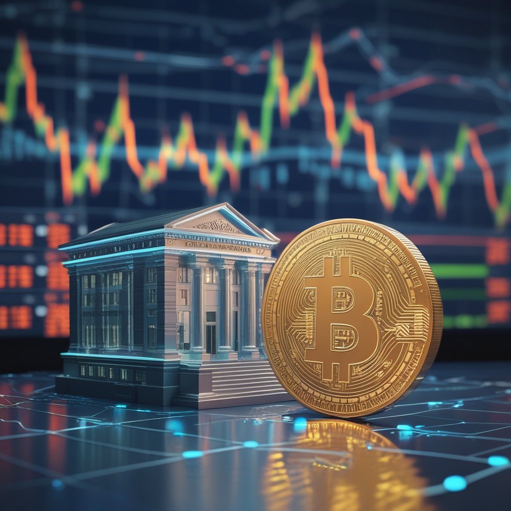 JPMorgan CEO Bitcoin: A cartoon of a big bank building and a glowing Bitcoin floating nearby