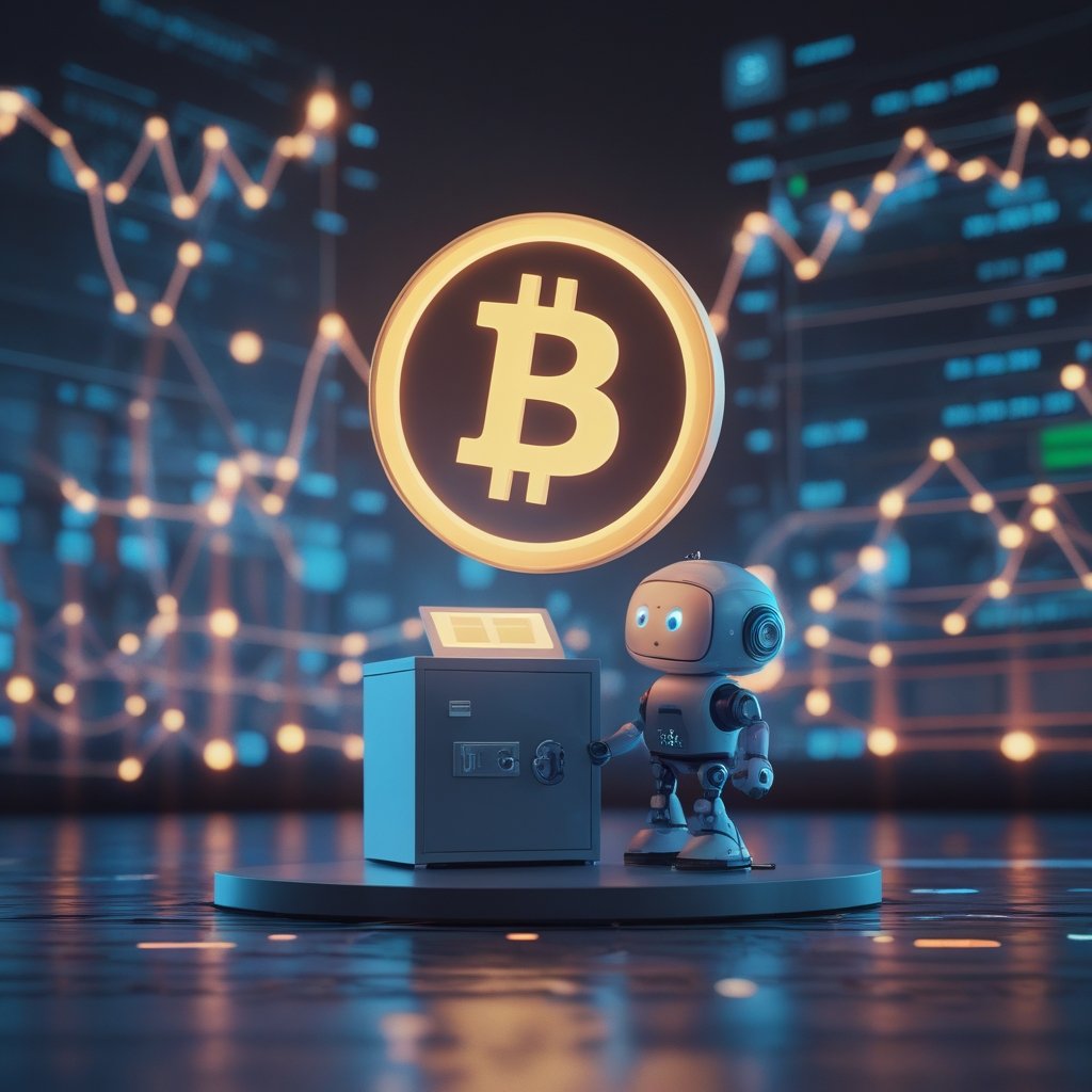 Japan crypto regulation: A cartoon bank with a robot child selling digital coins from a safe box