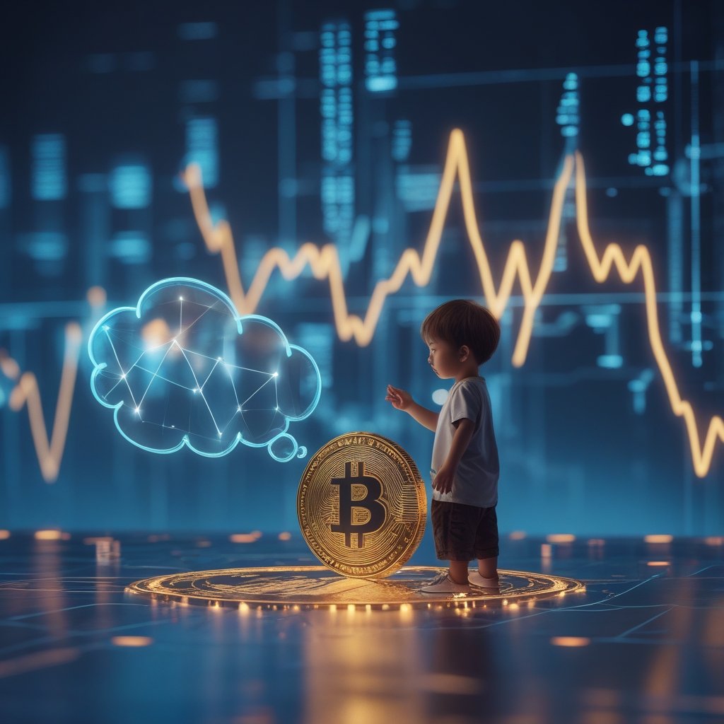 Japan crypto regulation: A child looking at a shiny digital coin with a thinking bubble showing questions
