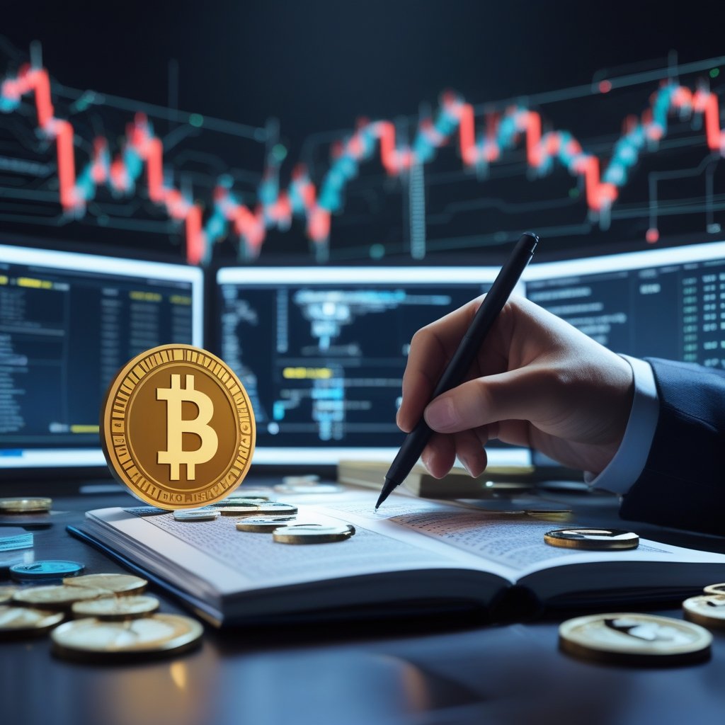 Japan crypto regulation: A friendly cartoon hand writing new rules in a big book with pictures of coins and computers