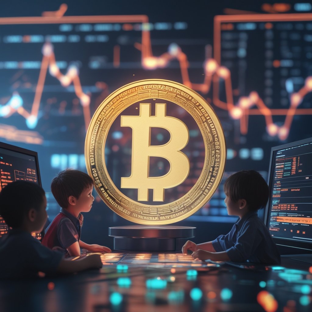 Japan crypto regulations: A friendly cartoon teacher watching over children playing a digital trading game