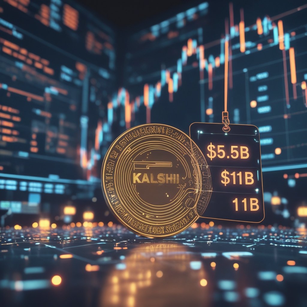 Kalshi funding: A cartoon of a giant price tag with 'Kalshi' on it, changing from $5.5B to $11B