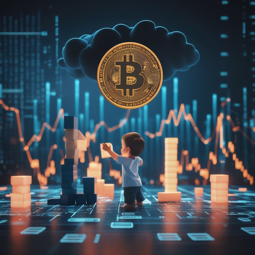 MSCI crypto reclassification: A cartoon of a child trying to rebuild a block tower while a dark cloud hovers above it