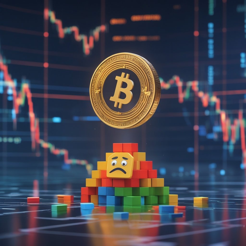MSCI crypto reclassification: A simple cartoon of a tall tower of colorful blocks falling down, with a sad face on the tower