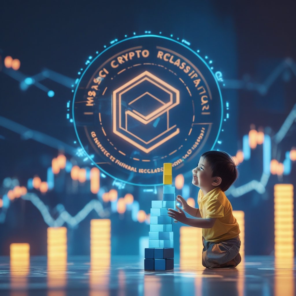 MSCI crypto reclassification: A simple, happy cartoon of a child successfully rebuilding a block tower under a bright, sunny sky
