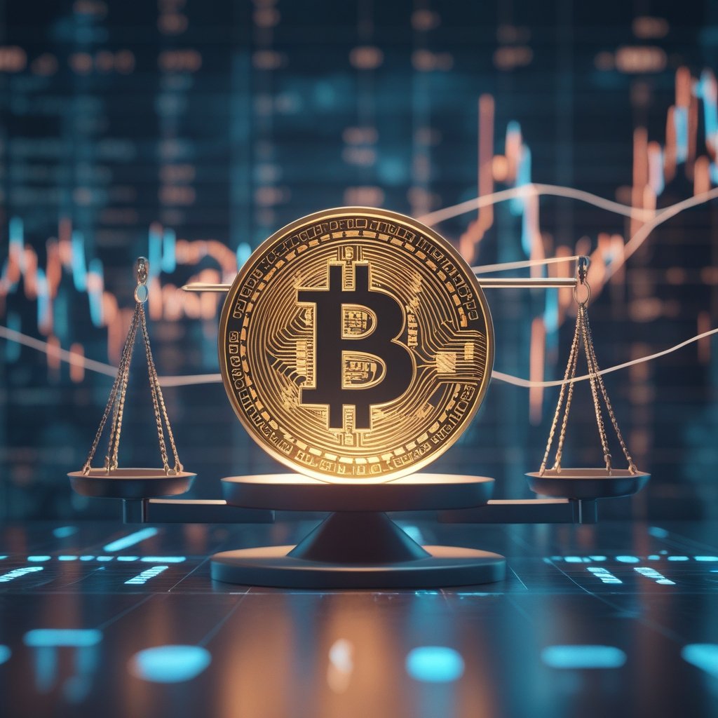 MSTR stock discount: A cartoon showing a scale with Bitcoin on one side and a company on the other