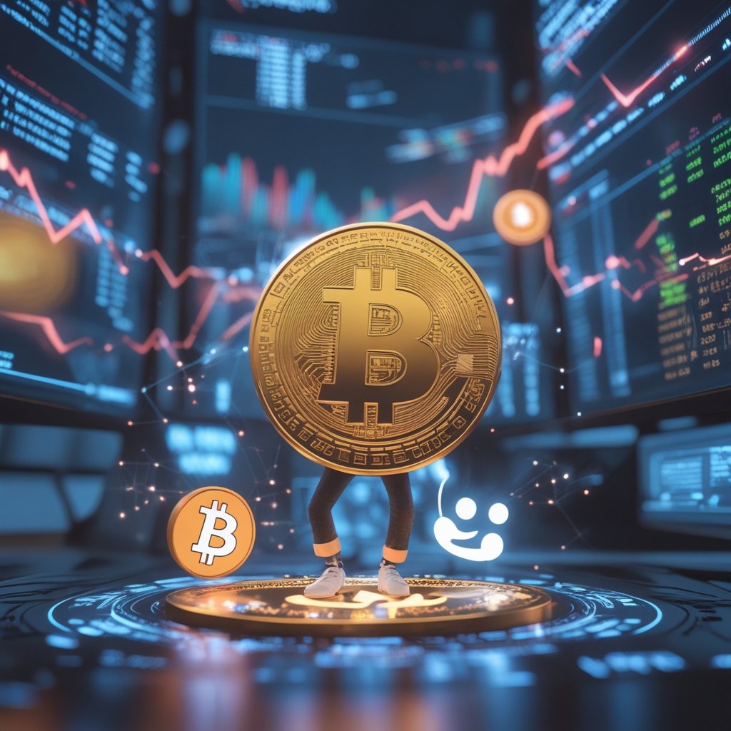 MSTR stock discount: A cartoon showing worried faces and a big Bitcoin