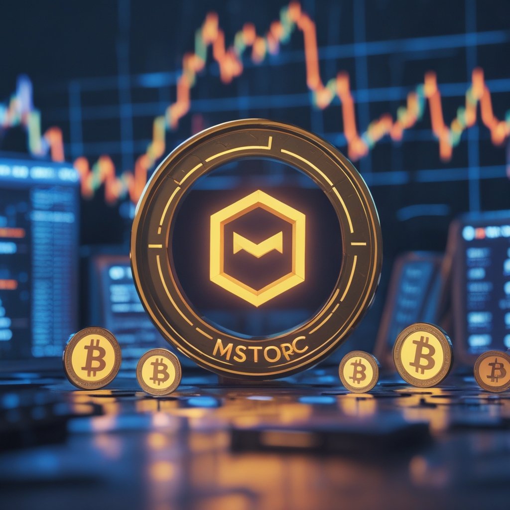 MSTR stock discount: A friendly cartoon showing a computer company and digital coins