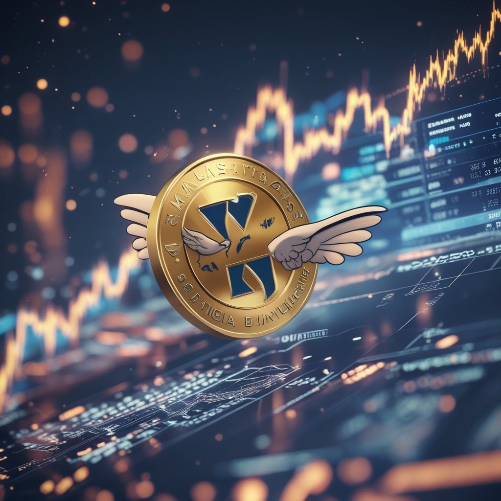 Malaysia stablecoin: A cartoon illustration of a friendly coin with wings flying across a map, with Malaysia highlighted.