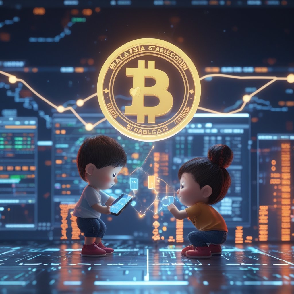 Malaysia stablecoin: A happy cartoon child using a tablet to send digital coins to a friend, with a glowing connection line between them.