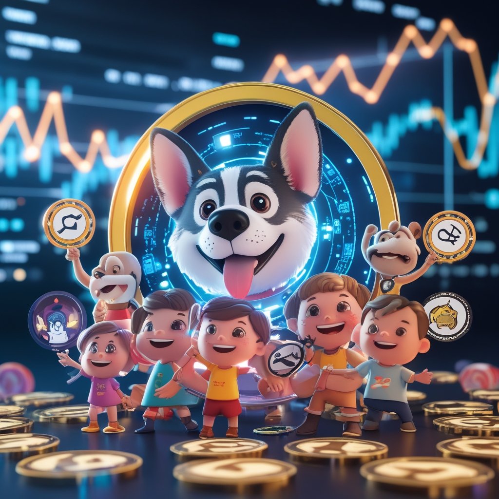 Meme Coins 2025: A colorful cartoon of a dog coin with a big smile, surrounded by happy children trading stickers