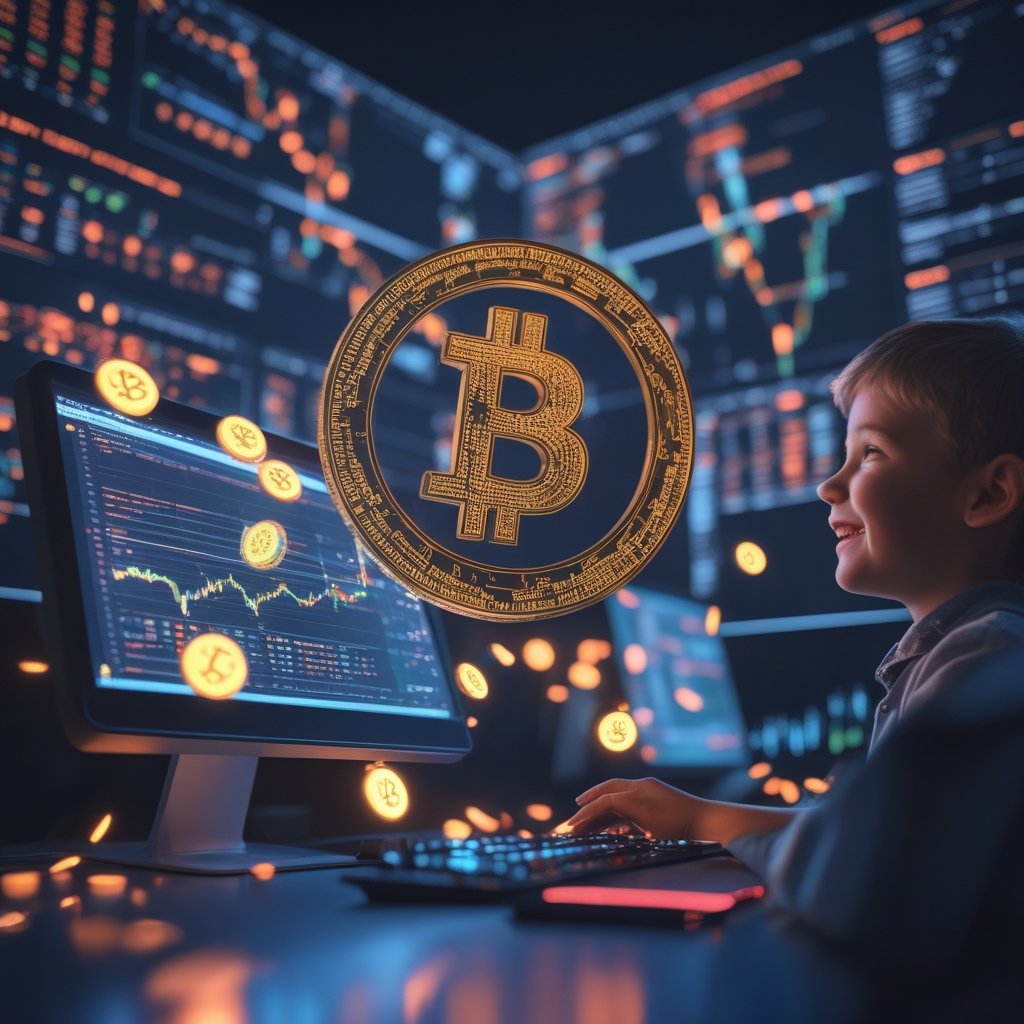 Meme Coins 2025: A happy child looking at a computer screen with colorful coins floating around