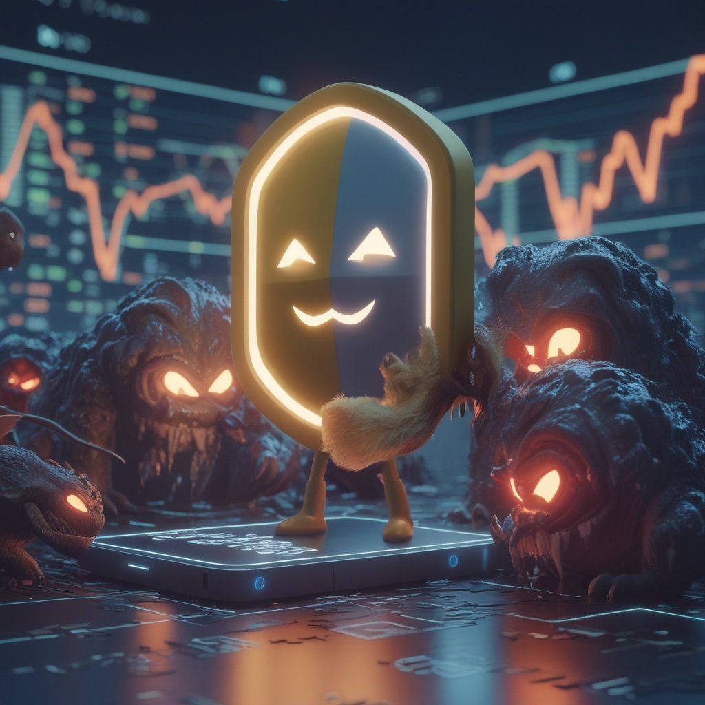 MetaMask Transaction Shield: A friendly cartoon shield protecting a digital wallet from scary monsters