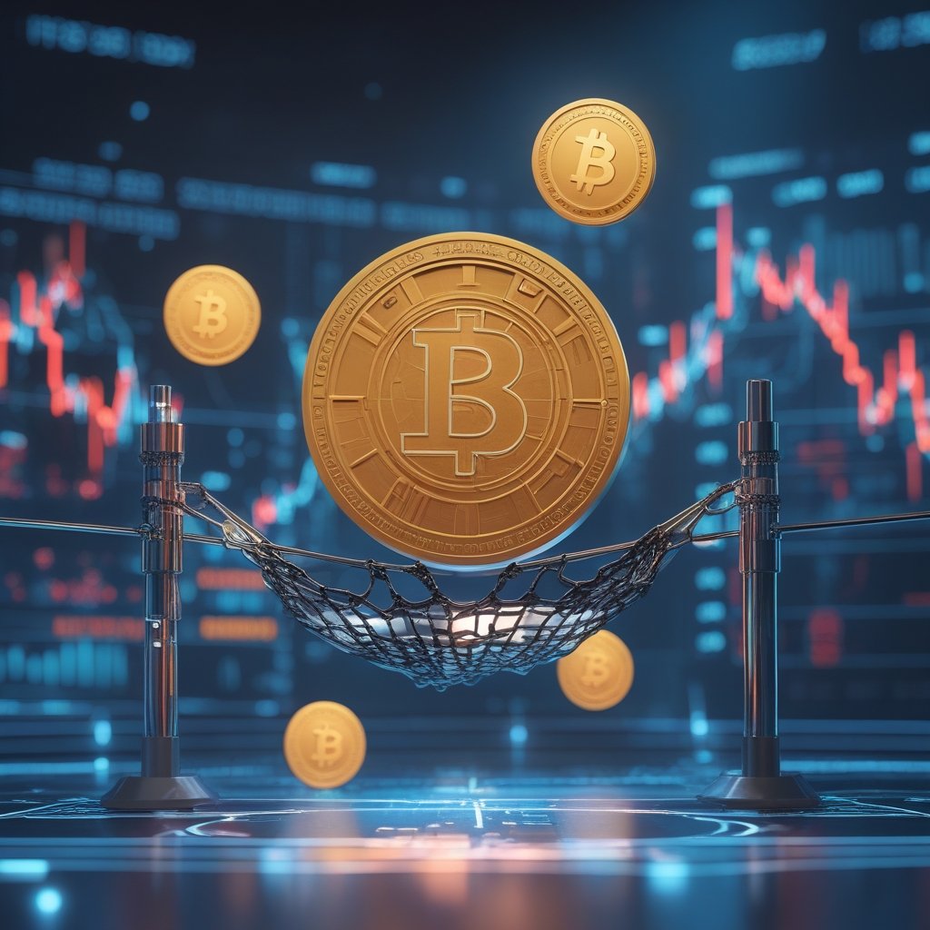 MiCA crypto compliance: A friendly cartoon of a safety net under monkey bars with digital coins floating above, showing safety and security