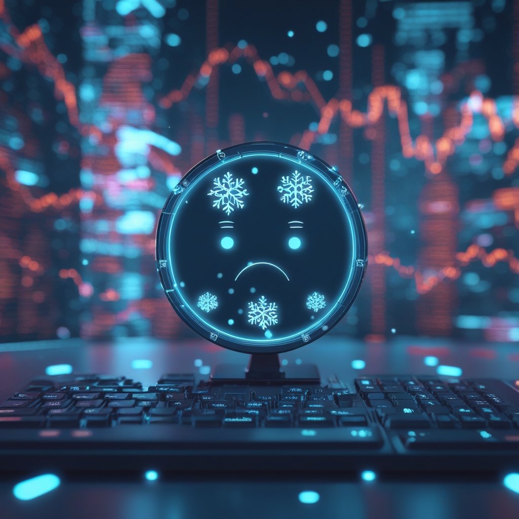 NFT winter: A simple cartoon of a computer screen showing a sad NFT picture with a snowflake icon, explaining the concept of NFT winter to kids