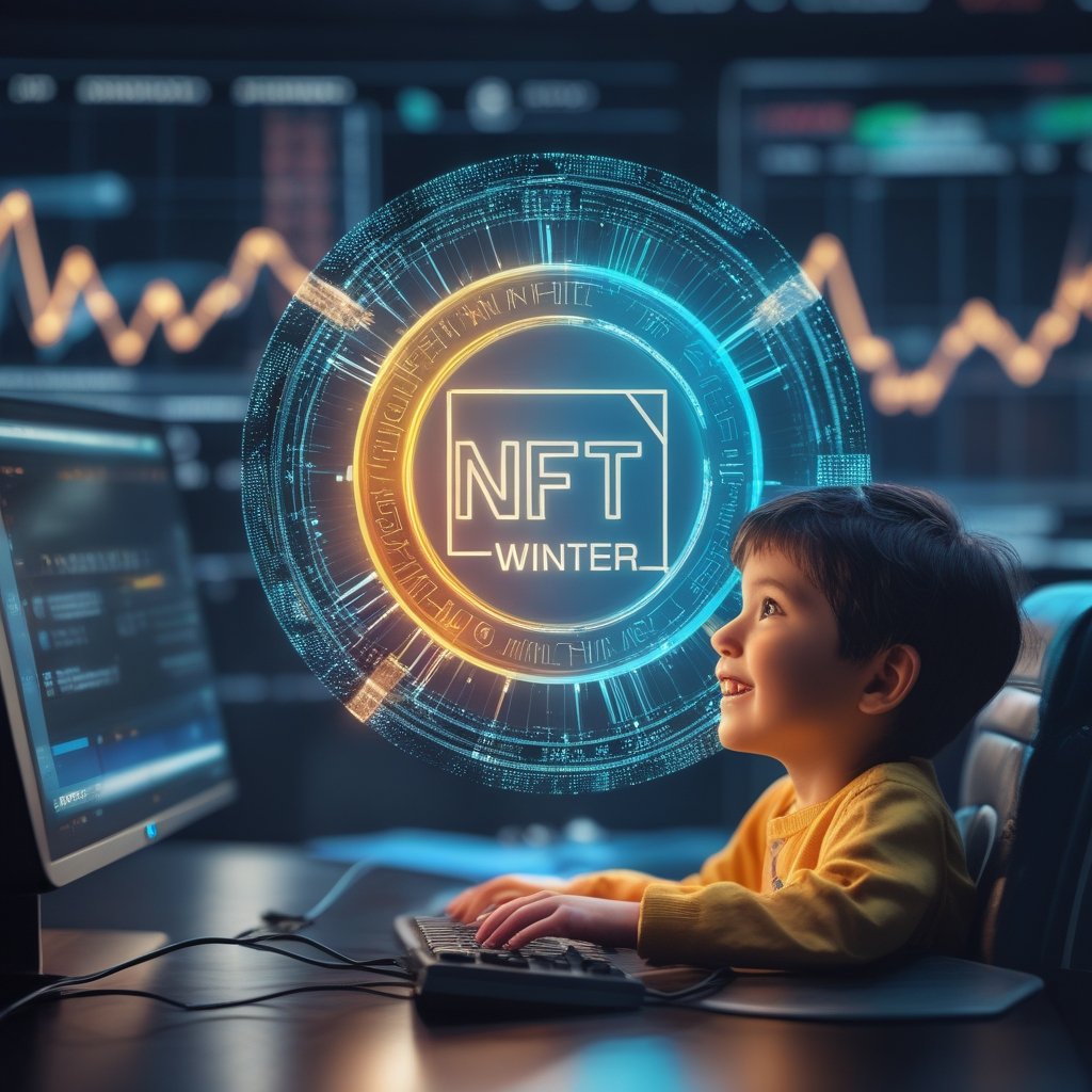 NFT winter: A simple, colorful cartoon of a child looking at a computer screen with a hopeful expression, showing the future possibilities of NFTs