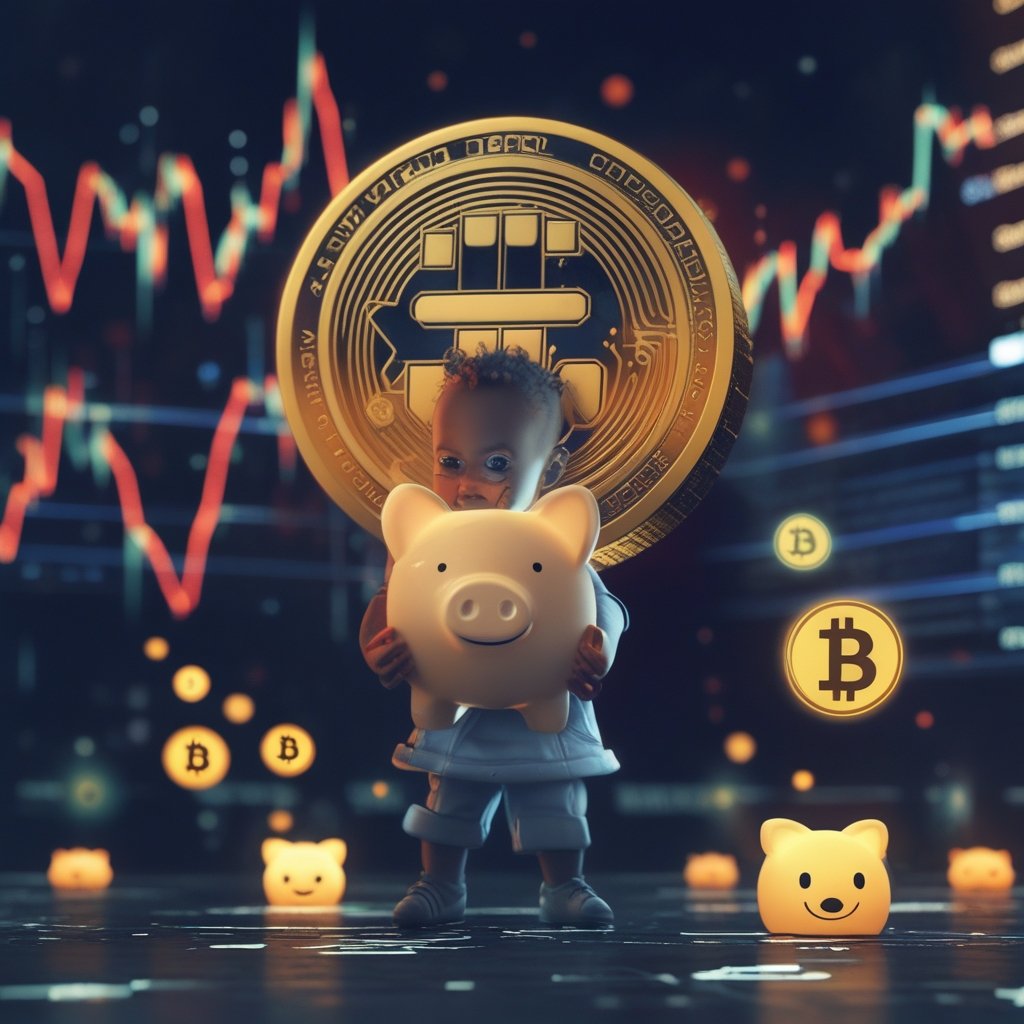 NFT winter: A simple drawing of a child holding a piggy bank, with NFT icons fading away in the background, showing the concept of dropping sales