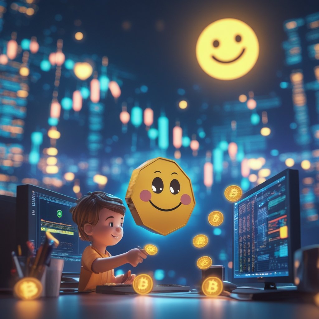 PEPE price prediction: A colorful cartoon scene of a child playing a mining game on a computer, with coins popping up and a happy sun smiling above.