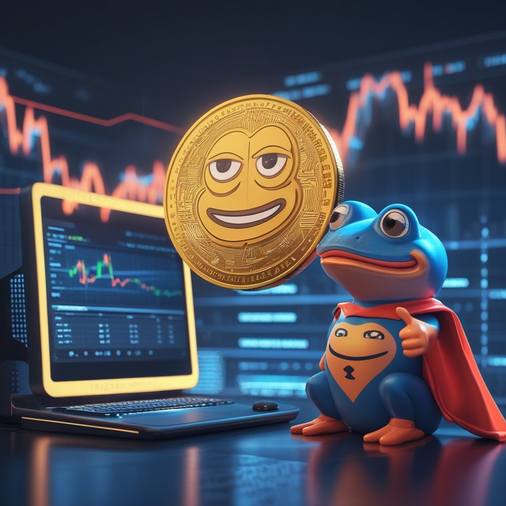 PEPE price prediction: A happy cartoon frog wearing a superhero cape, sitting next to a computer screen with PEPE coins floating around.